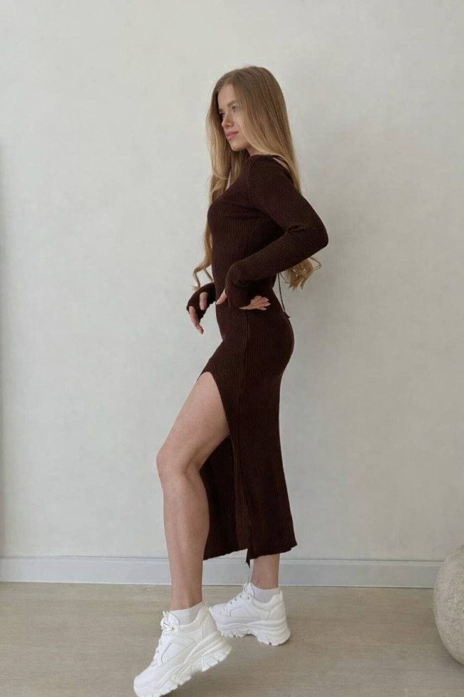Платье рубчик с разрезом на ноге DMP-A281T330 Платье рубчик с разрезом на ноге DMP-A281T330
